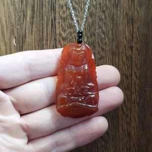 20 Inch Sterling Silver Carved Carnelian Religious Pendant Necklace